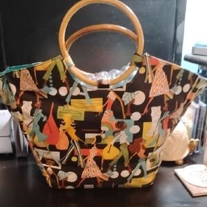 Vintage Neiman Marcus Multicolor Tote Bag with Wooden Handles